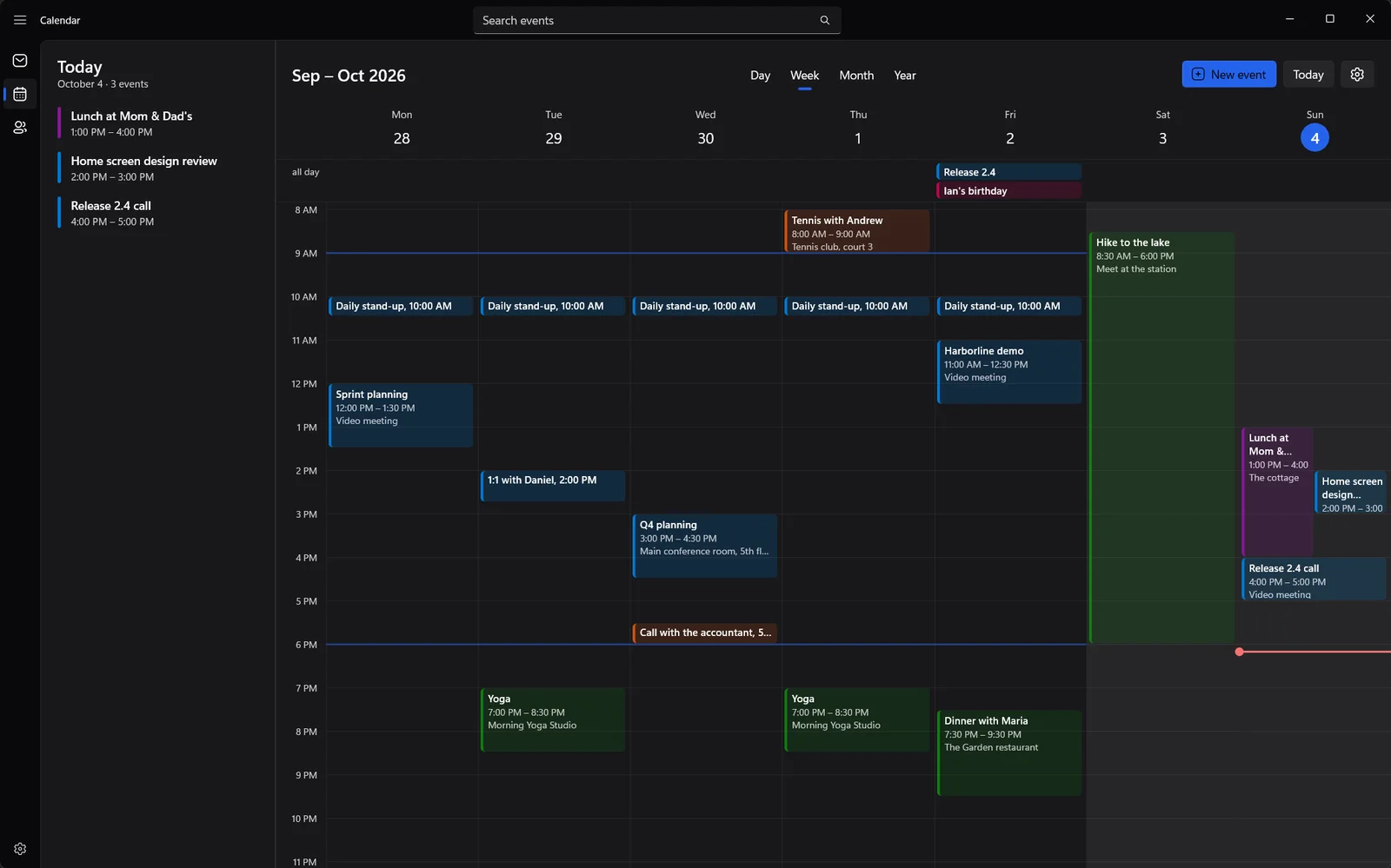 Vaimail calendar in week view