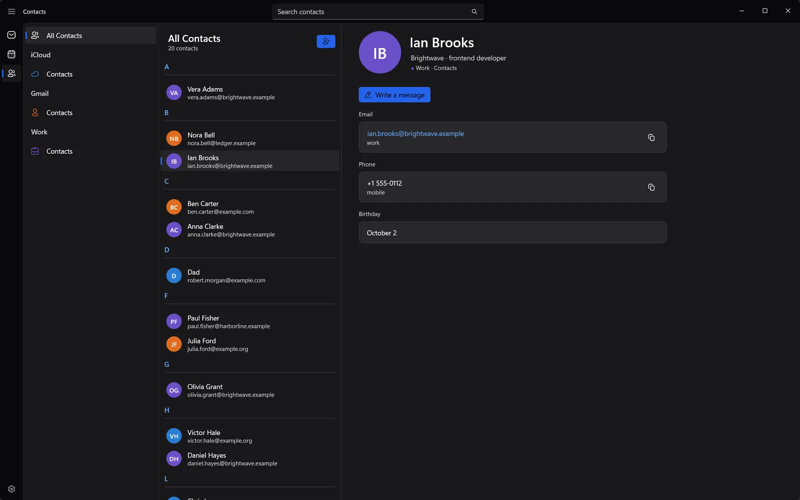 Vaimail contacts with a contact card open