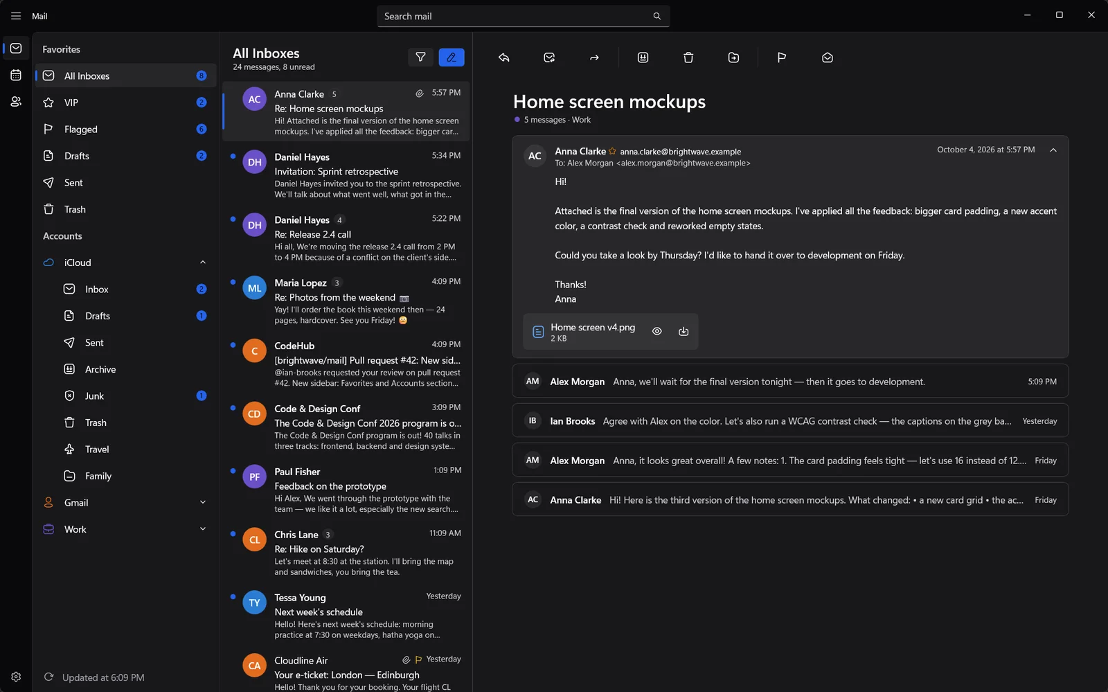 Vaimail showing a unified inbox with a conversation open
