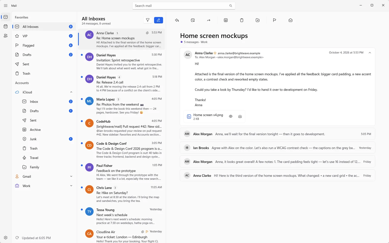 Vaimail showing a unified inbox with a conversation open